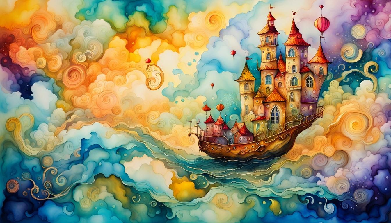 Whimsical World in Alcohol Ink with Golden Light
