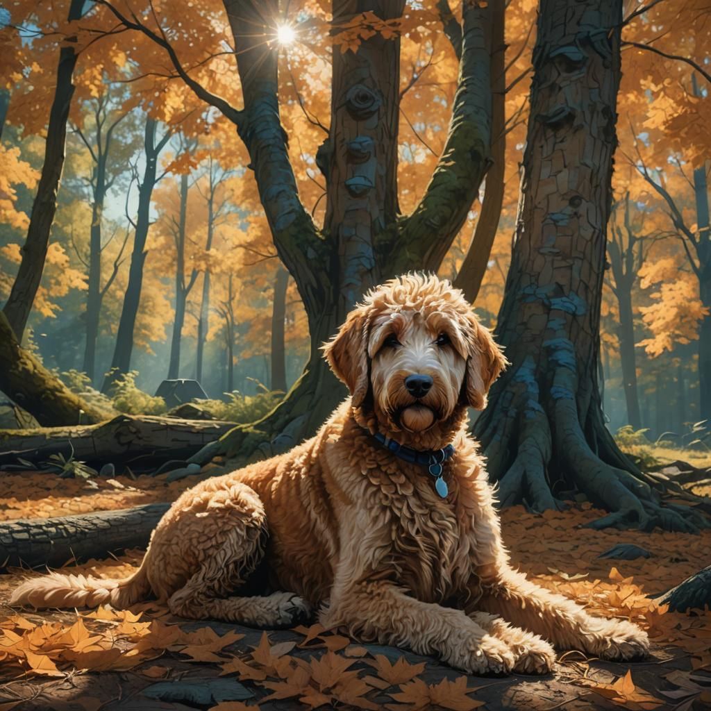 Goldendoodle in Sunlight: Fantasy Concept Art