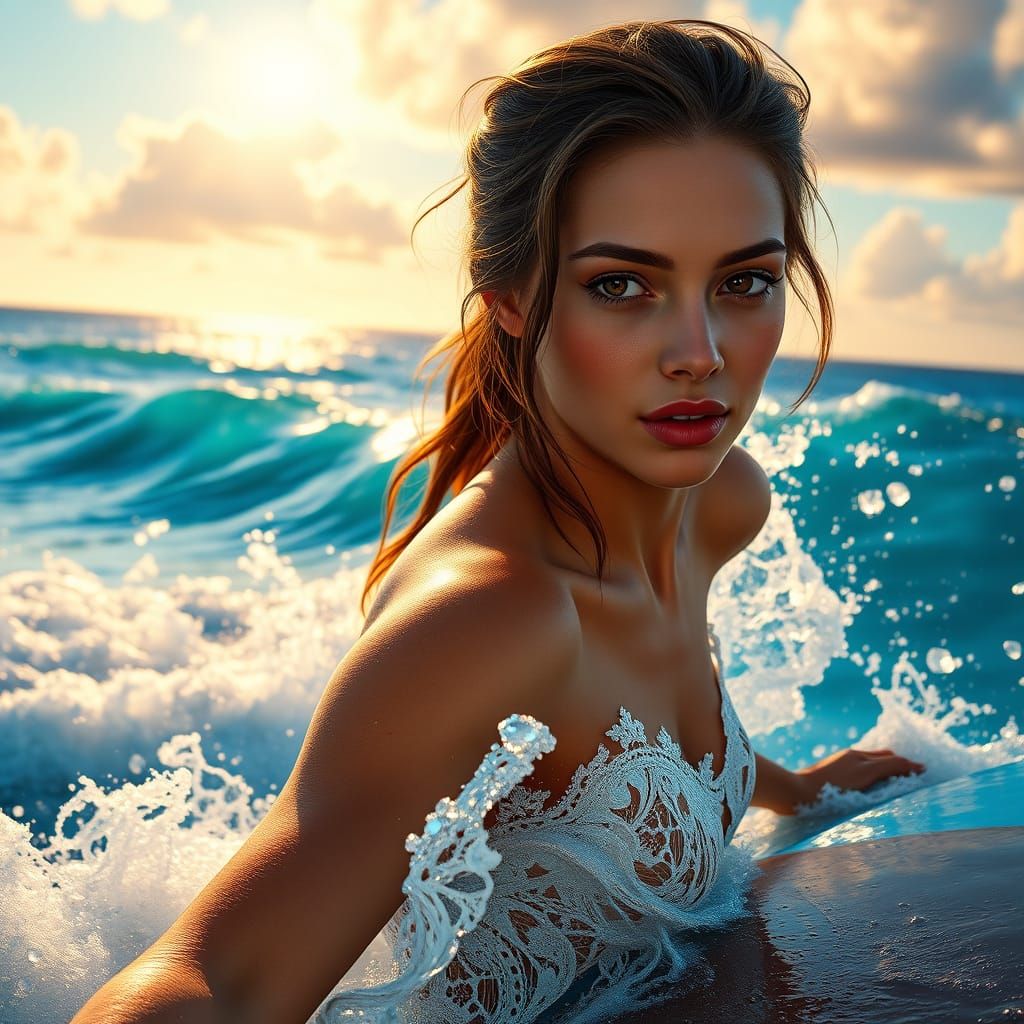 Sultry Goddess Rides Ocean Waves in Dreamlike Beach Scene