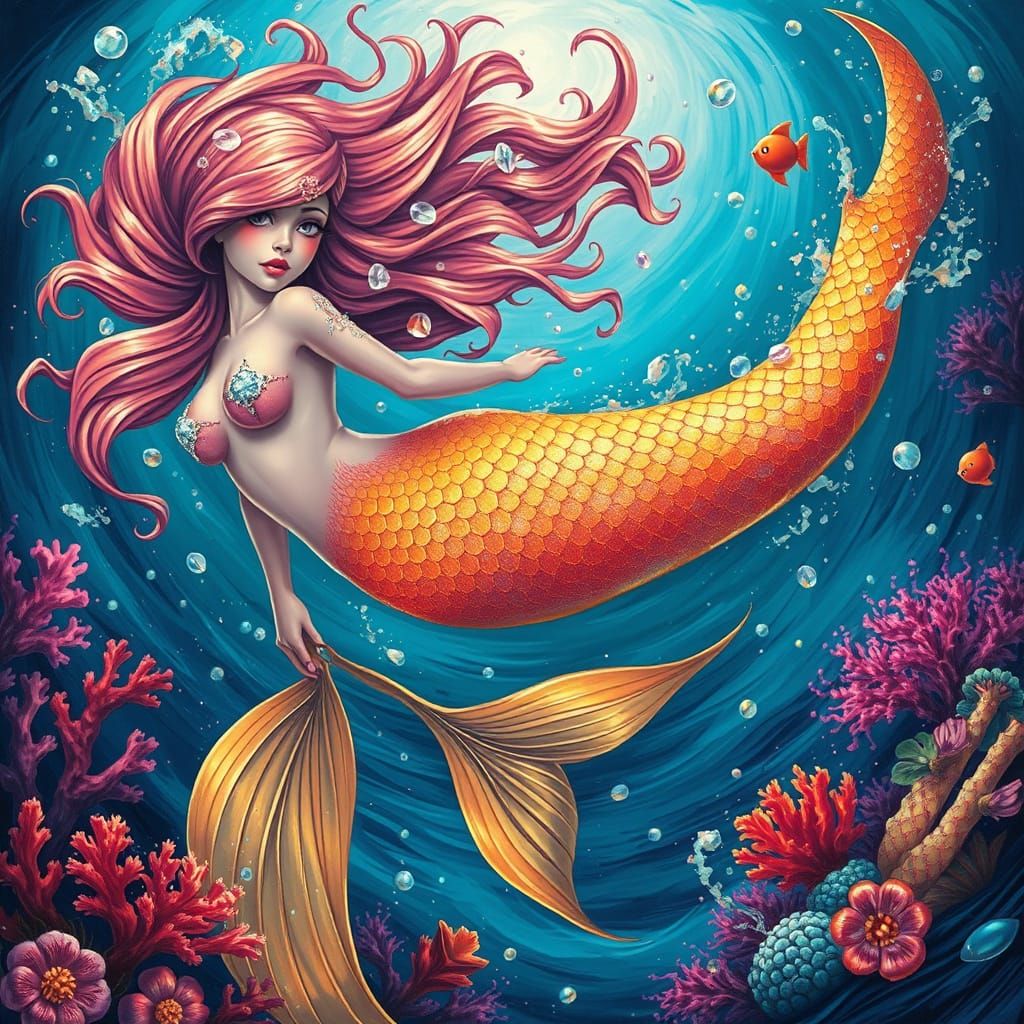 Mermaid Glows in Vibrant Ocean Depths with Glittering Diamon...