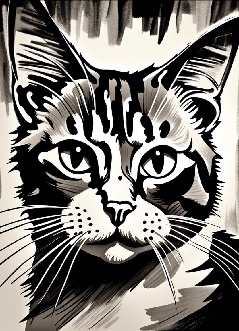 Cat Caricature Drawing in Black and White