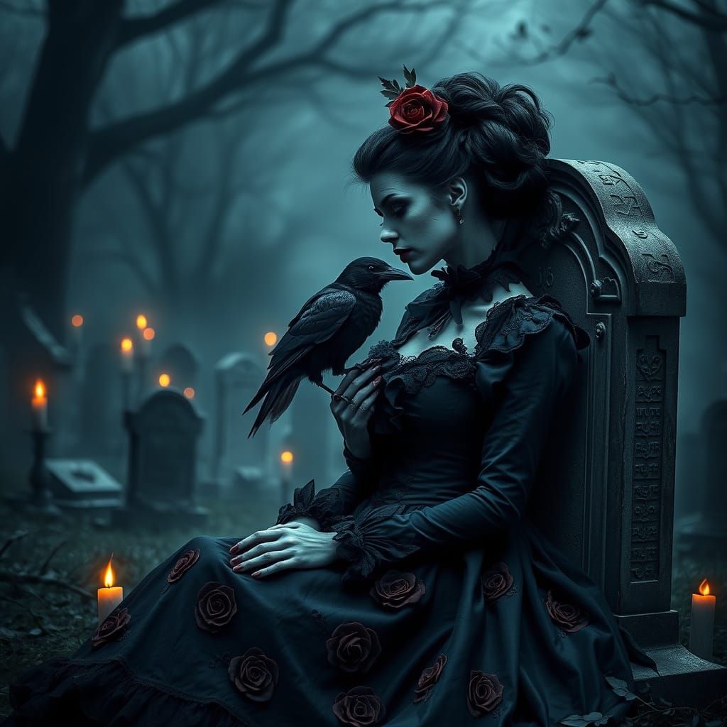 Victorian Gothic Zombie Woman with Raven