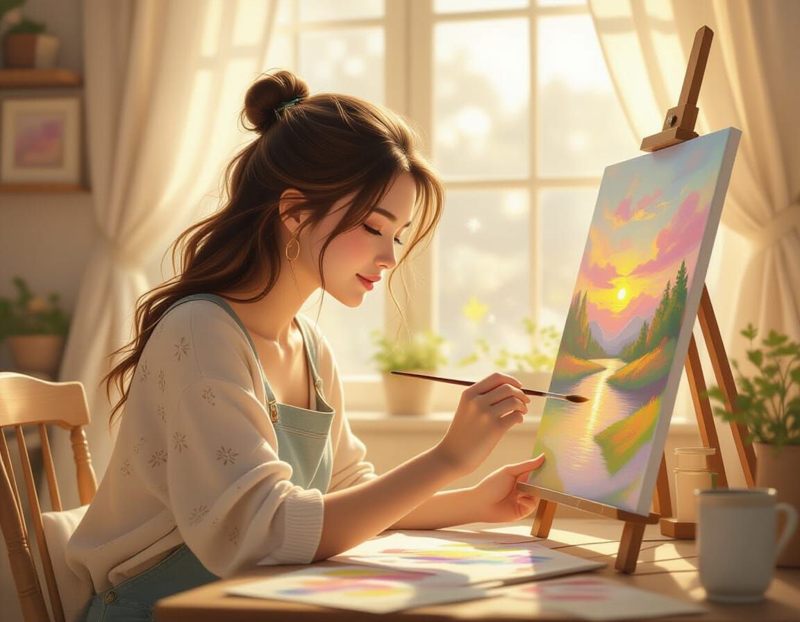 Woman Lost in Painting: Ethereal Creative Focus