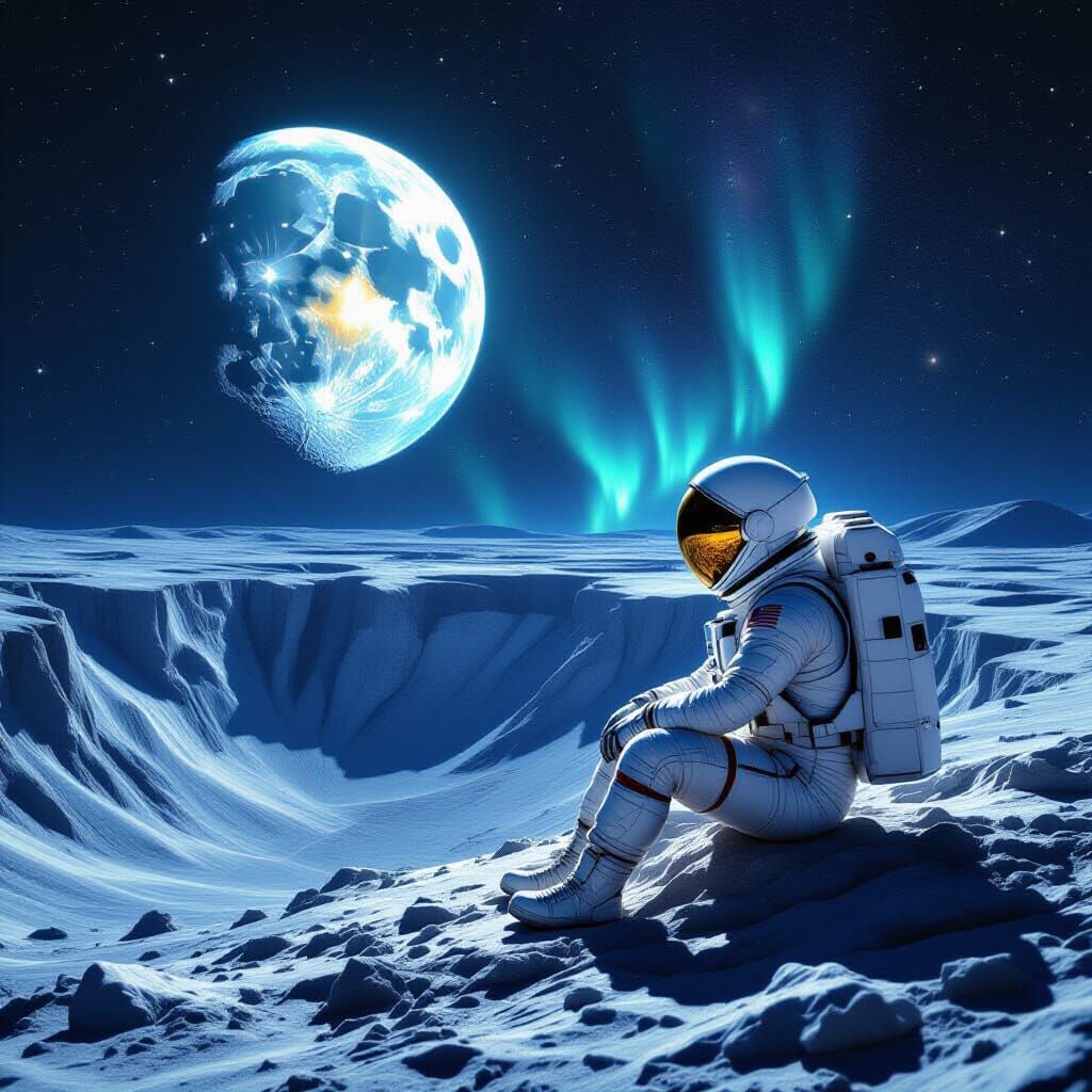 Astronaut's Melancholy Gaze at Earth Memory on Moon