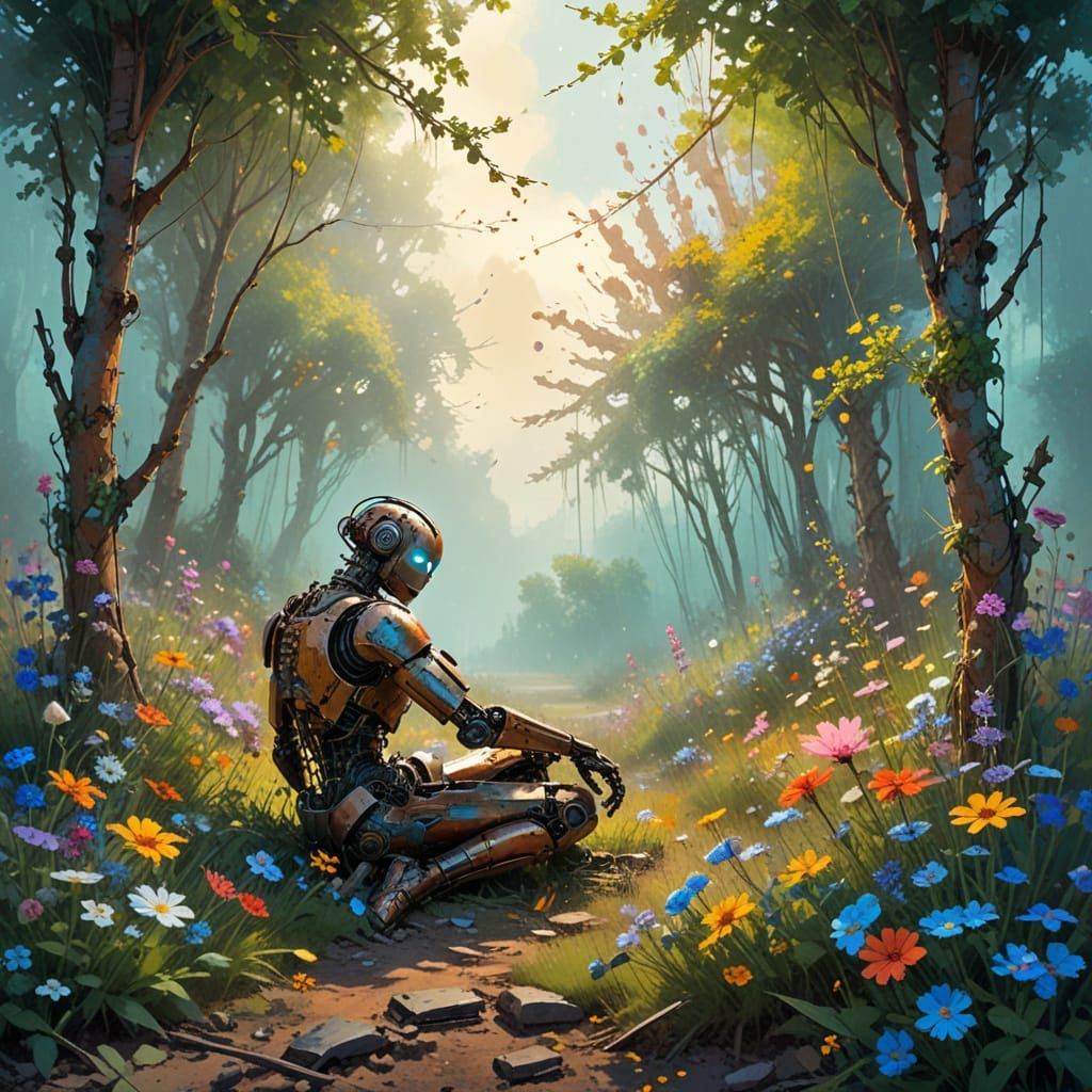 Meditating Robot in Vibrant Post-Apocalyptic Fairytale