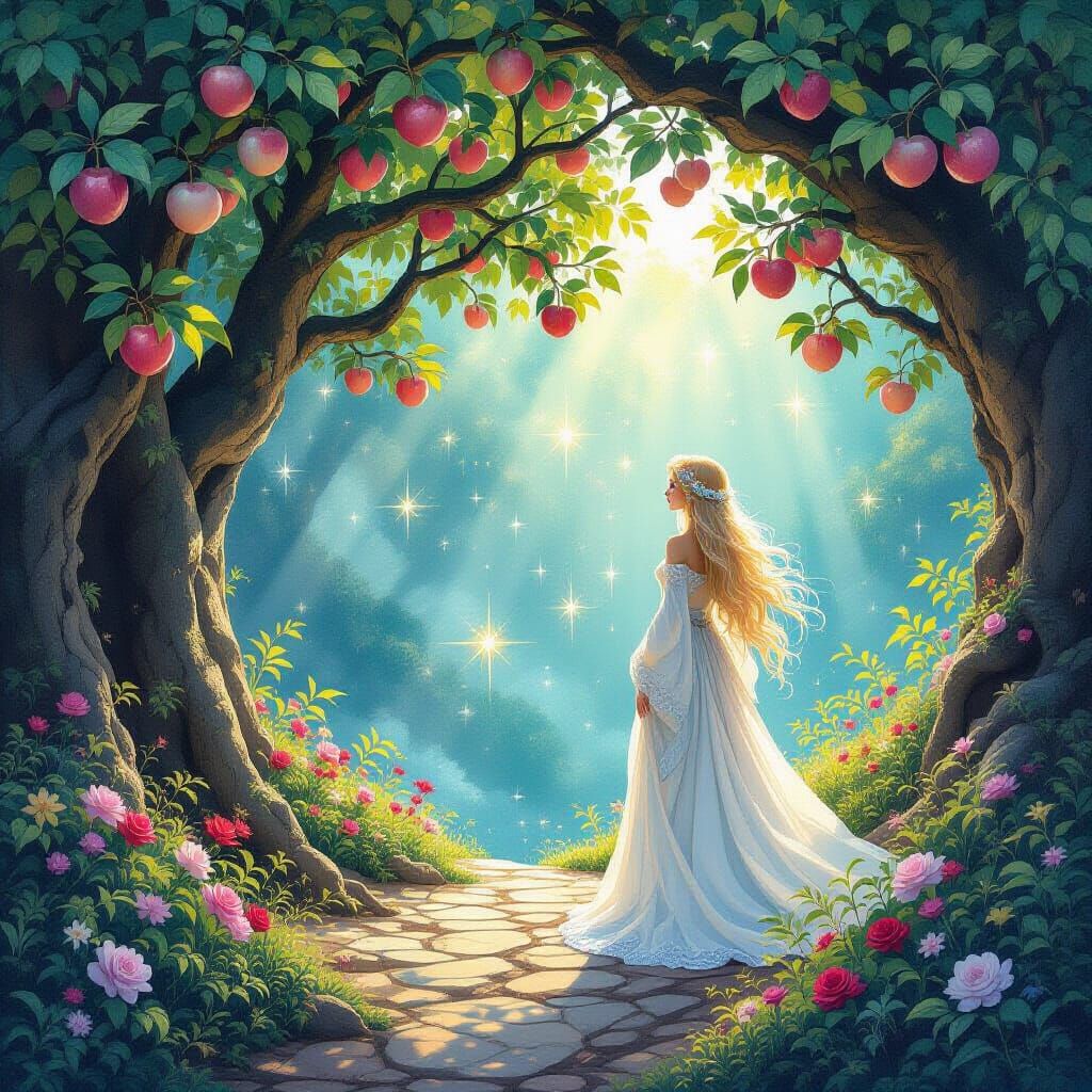 Celestial Goddess in Dream Grotto: Arthur Rackham Style