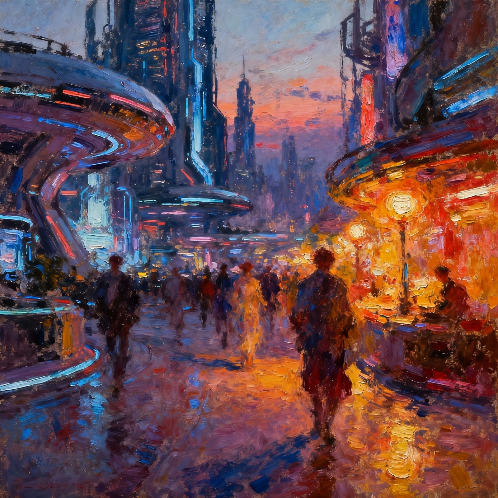 Futuristic Cityscape at Dusk Impressionist Painting