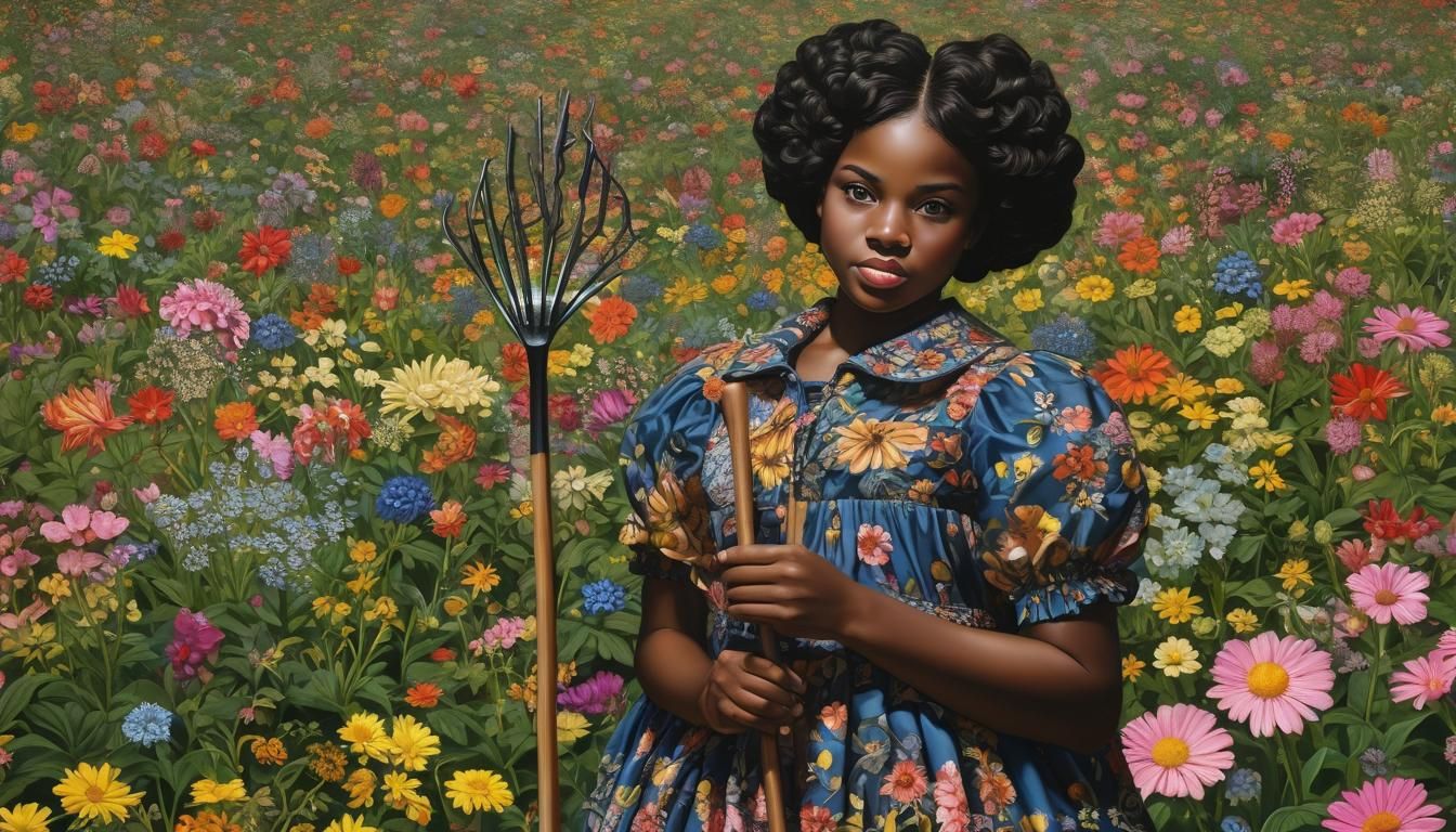 Girl with Rake in Floral Field, Decorative Portrait