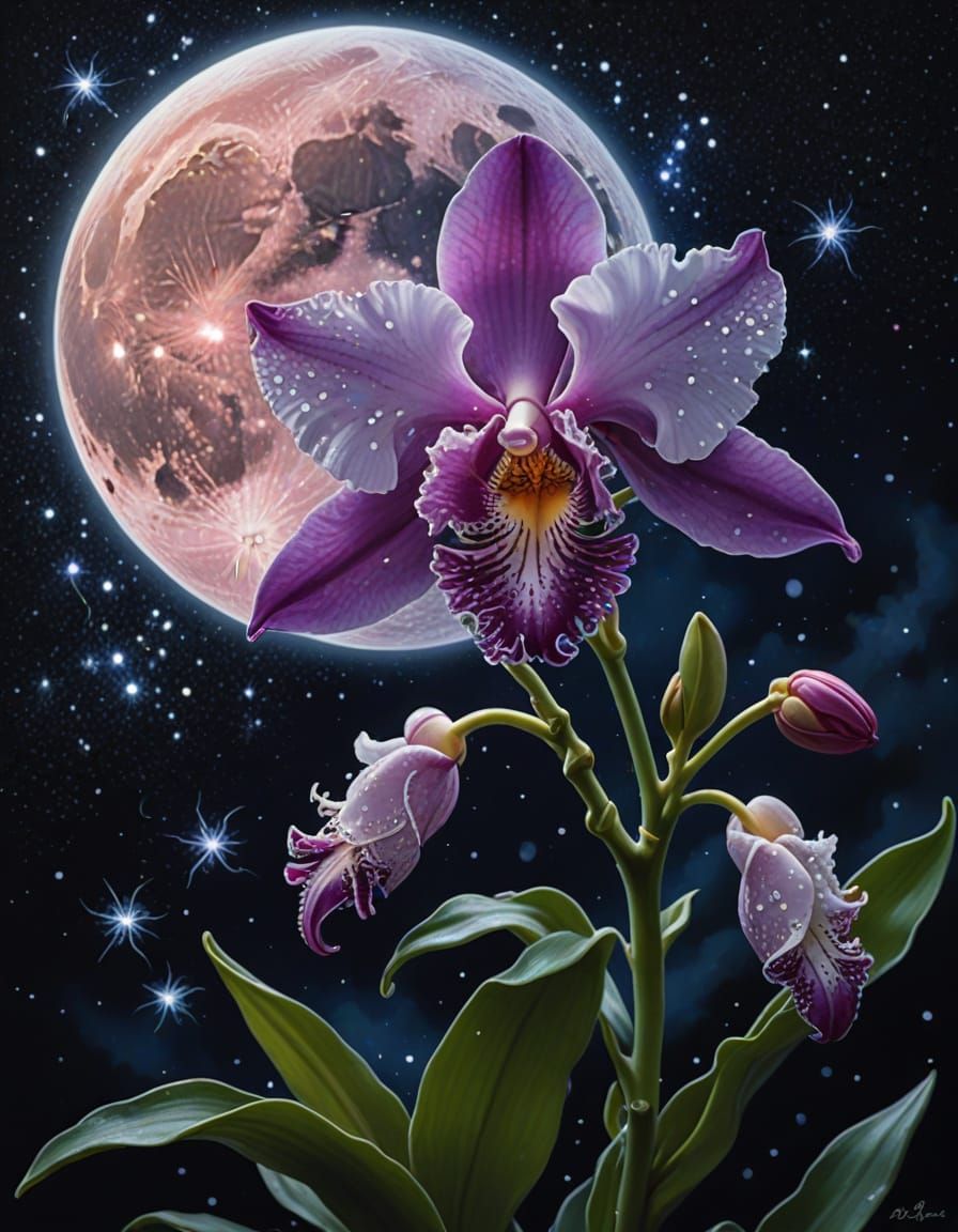 Luminous Cattleya Orchid in a Starlit Sky