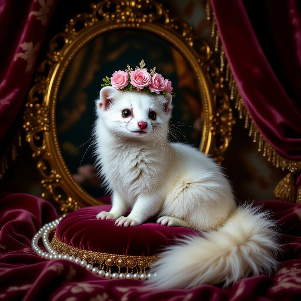Weasel with Rose Crown in Renaissance Portrait