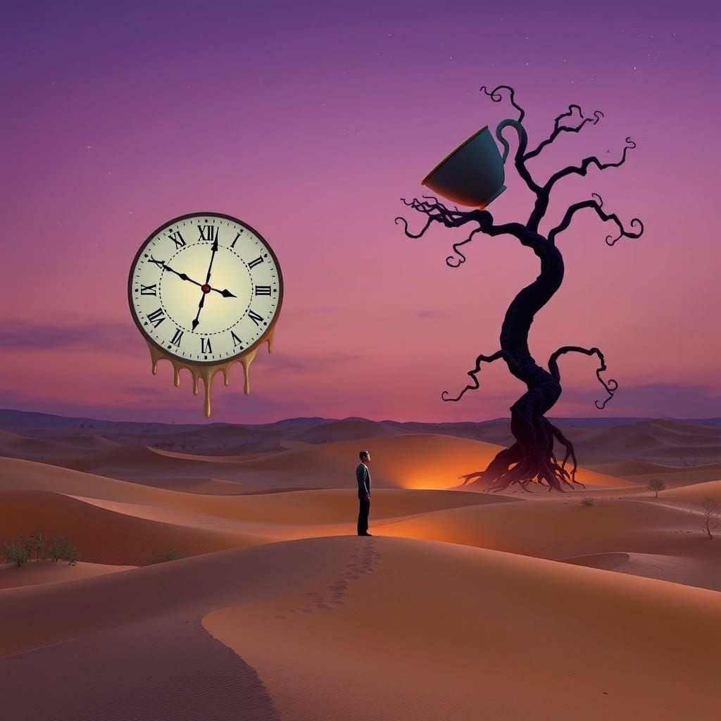 Surreal Desert Twilight with Melting Clocks and Ethereal Sil...