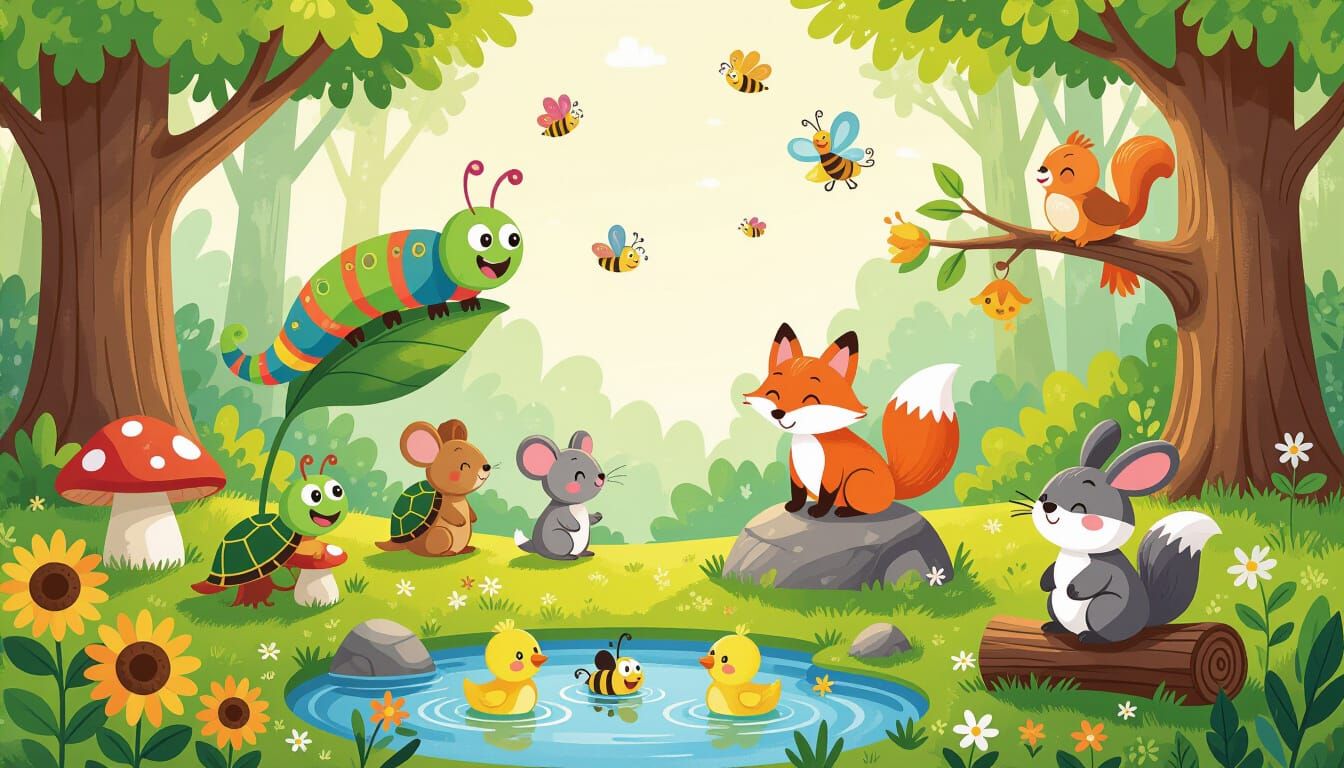 Whimsical Animals in Vibrant Storybook Forest