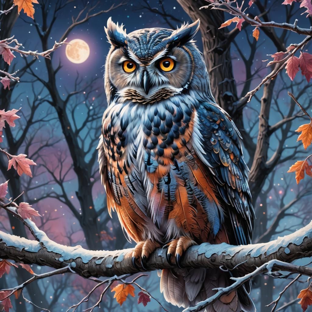 Majestic Winter Owl on Frosty Branch in Moonlight