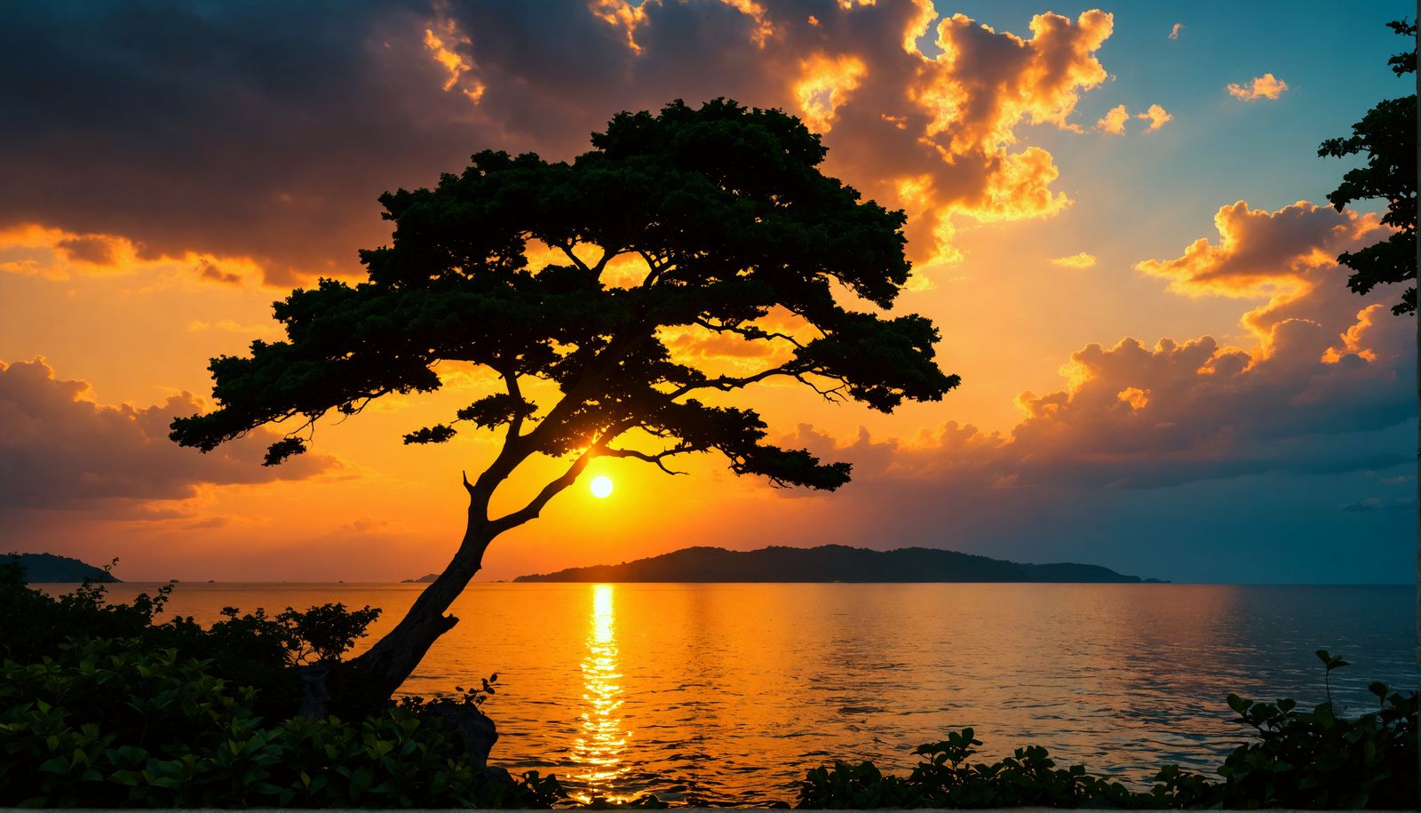 Sunset Silhouette Over Calm Ocean in HDR