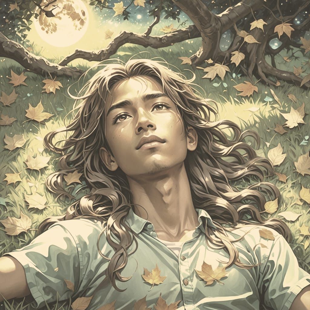 Ecuadorian Boy Gazing at Moon, Anime Oil Painting