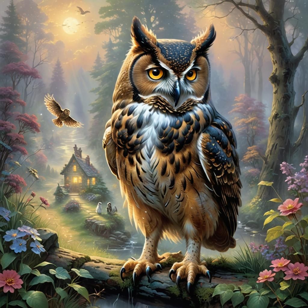 Owl and Dog Conversation in Ethereal Fantasy Landscape
