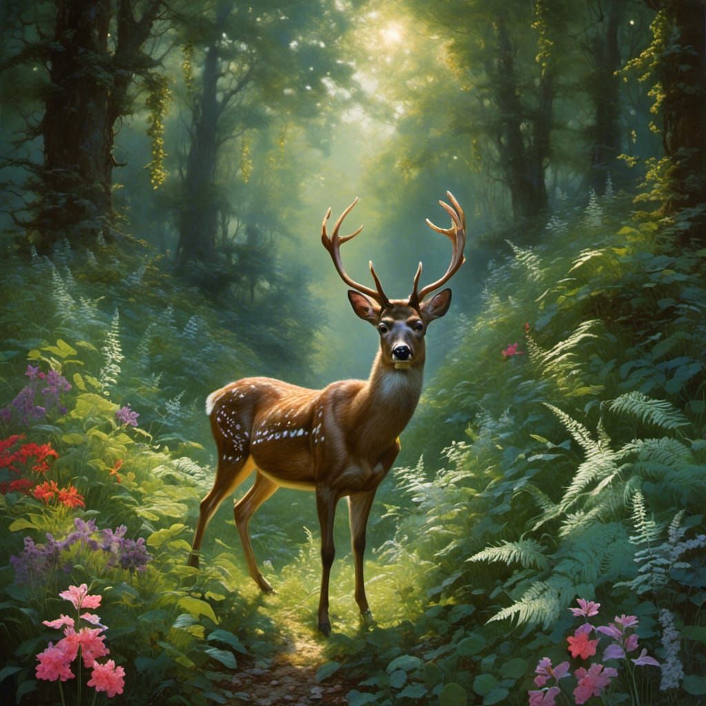 Deer in Sunlit Forest Glade