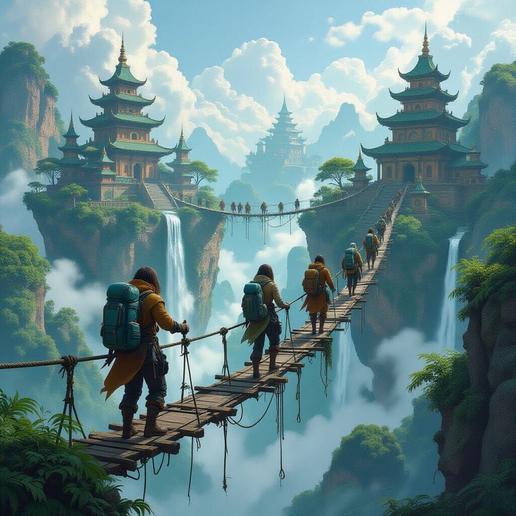 Adventurers in a Surreal Floating Island Dreamscape