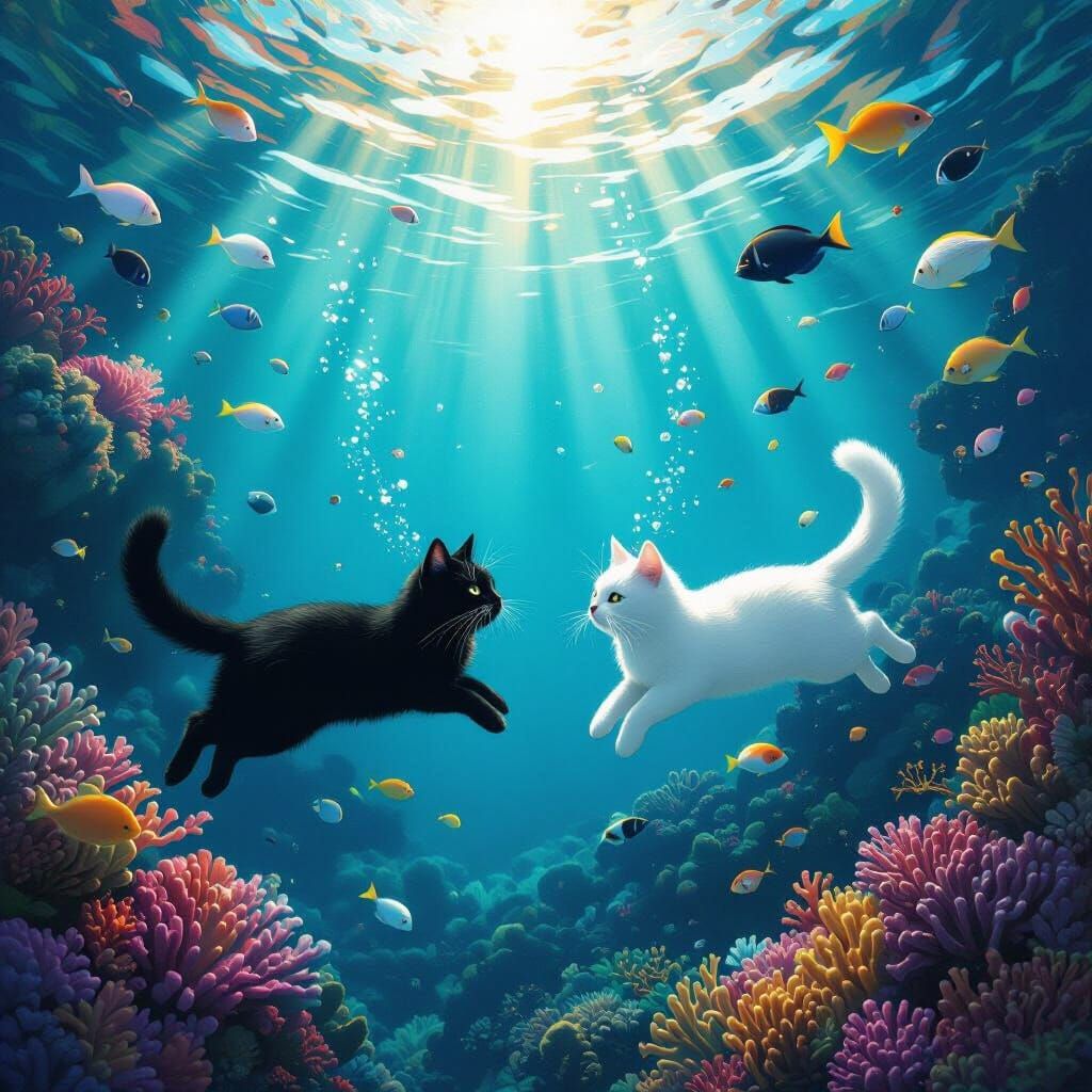 Cats Swim Through Vibrant Underwater Coral Reef