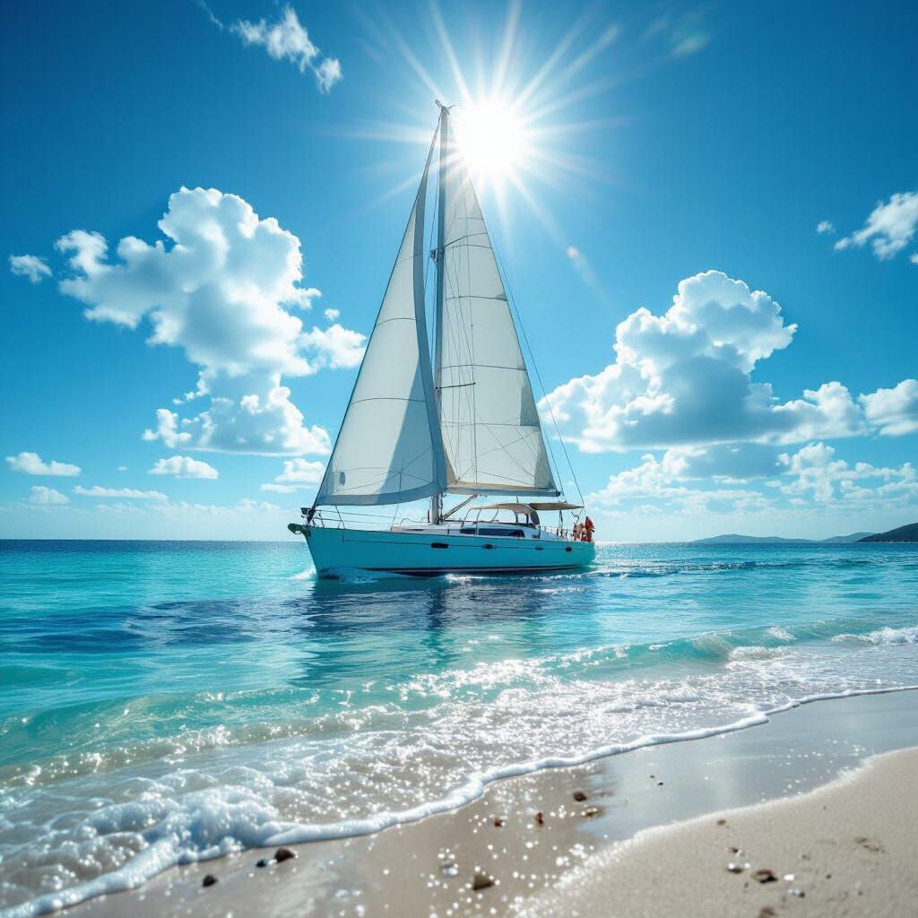 Majestic Yacht on Calm Turquoise Sea Under Sunrays