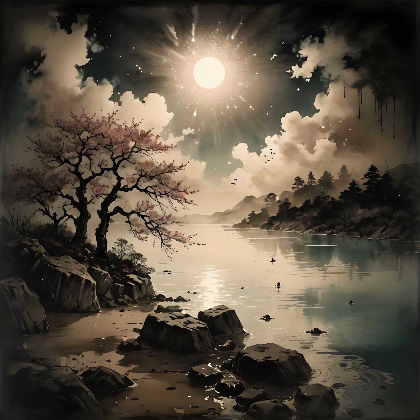 Sumi-e Portrait with Bauhaus Geometric Elements