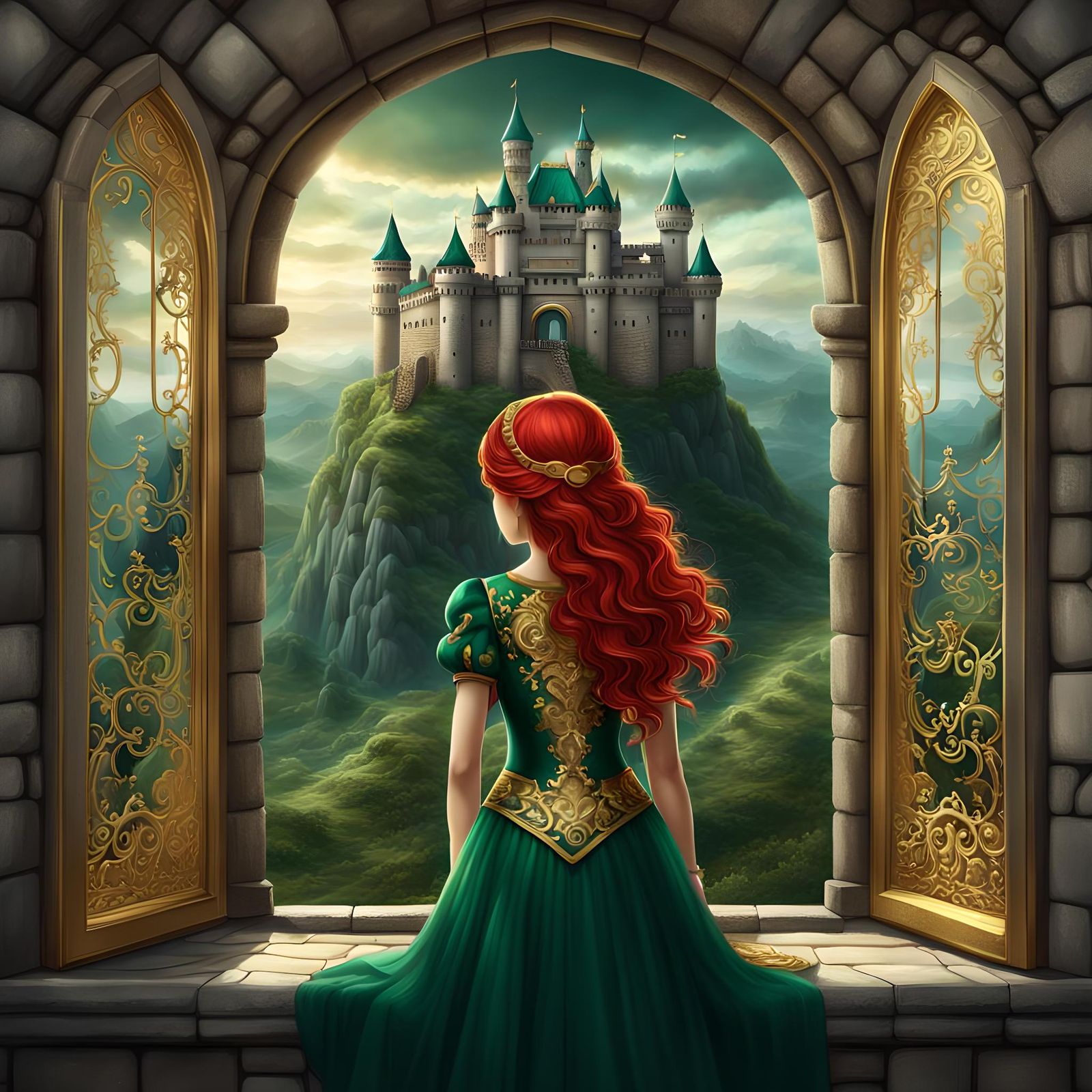 Chibi Woman in Emerald Dress Gazing from Window