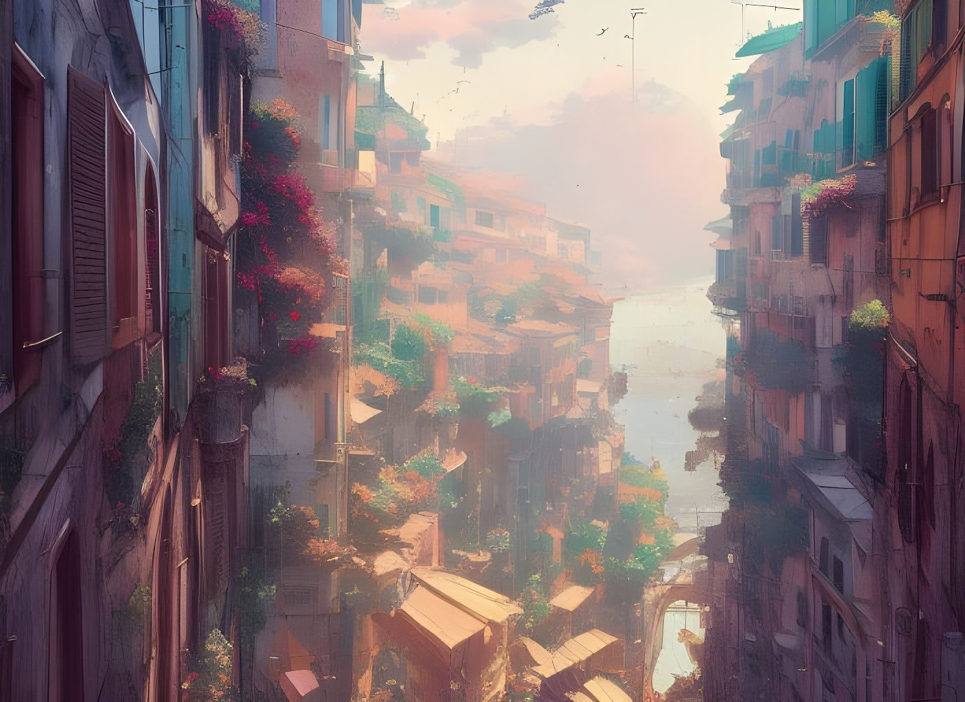 Vibrant Italian Village: Digital Illustration
