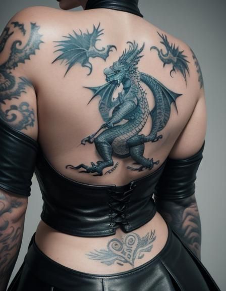 Bald Woman's Dragon Tattoo in Leather Dress
