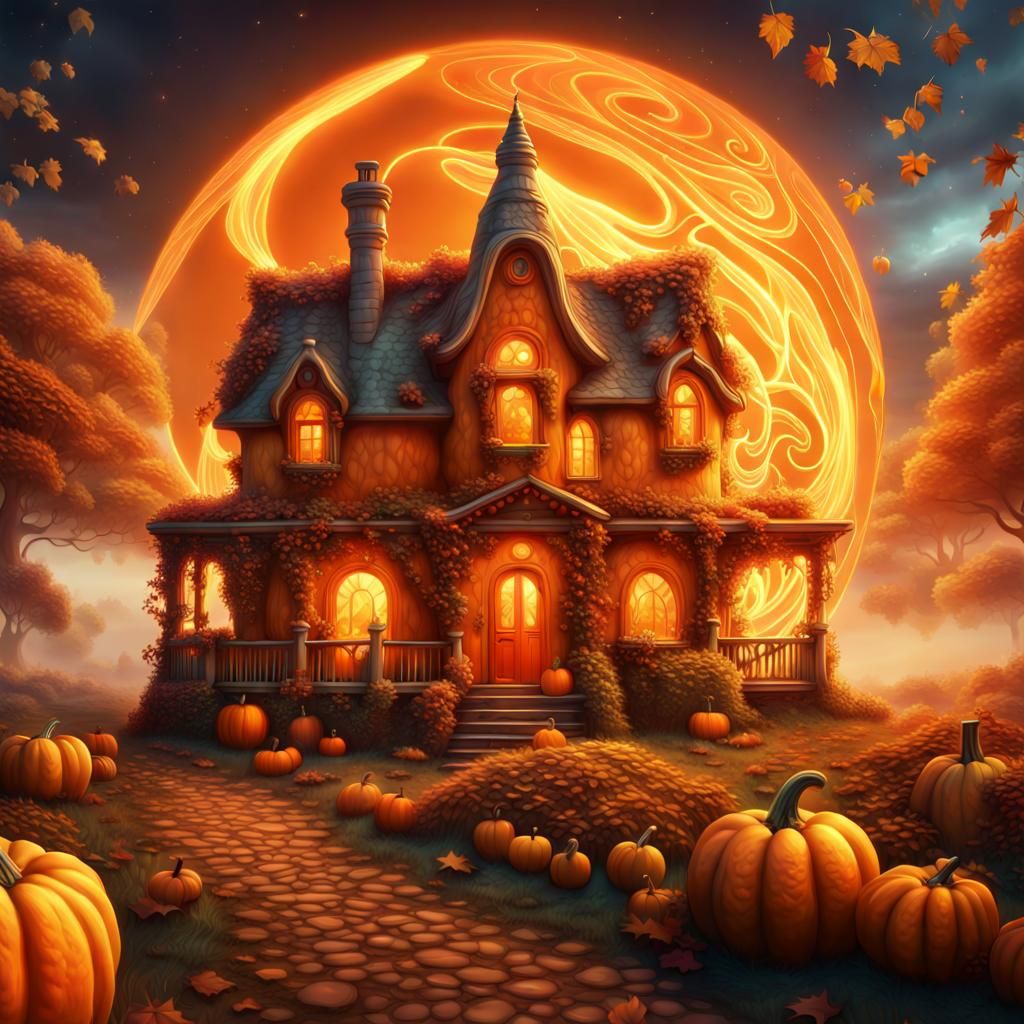 Fantasy Pumpkin Cottage with Swirling Autumn Leaves