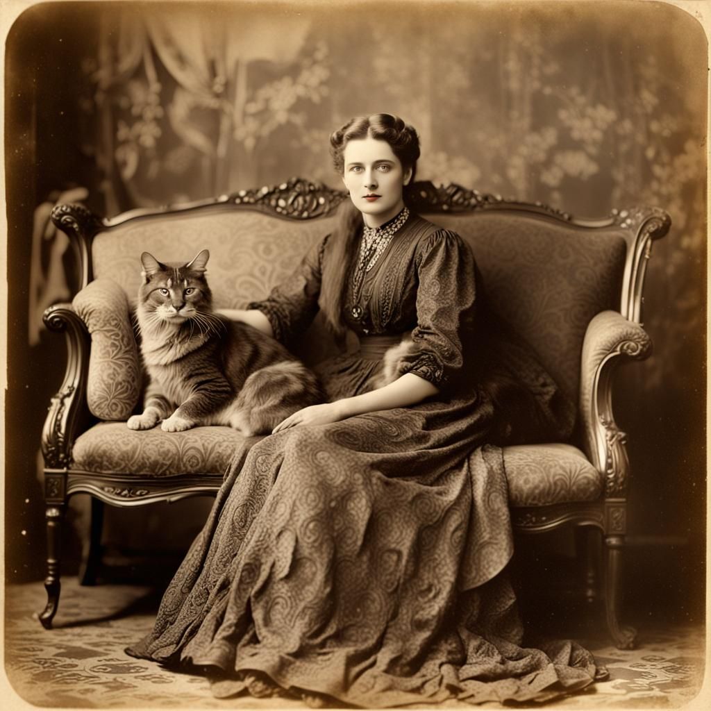 Elegant Woman with Cat: Sepia Silver Nitrate Photograph