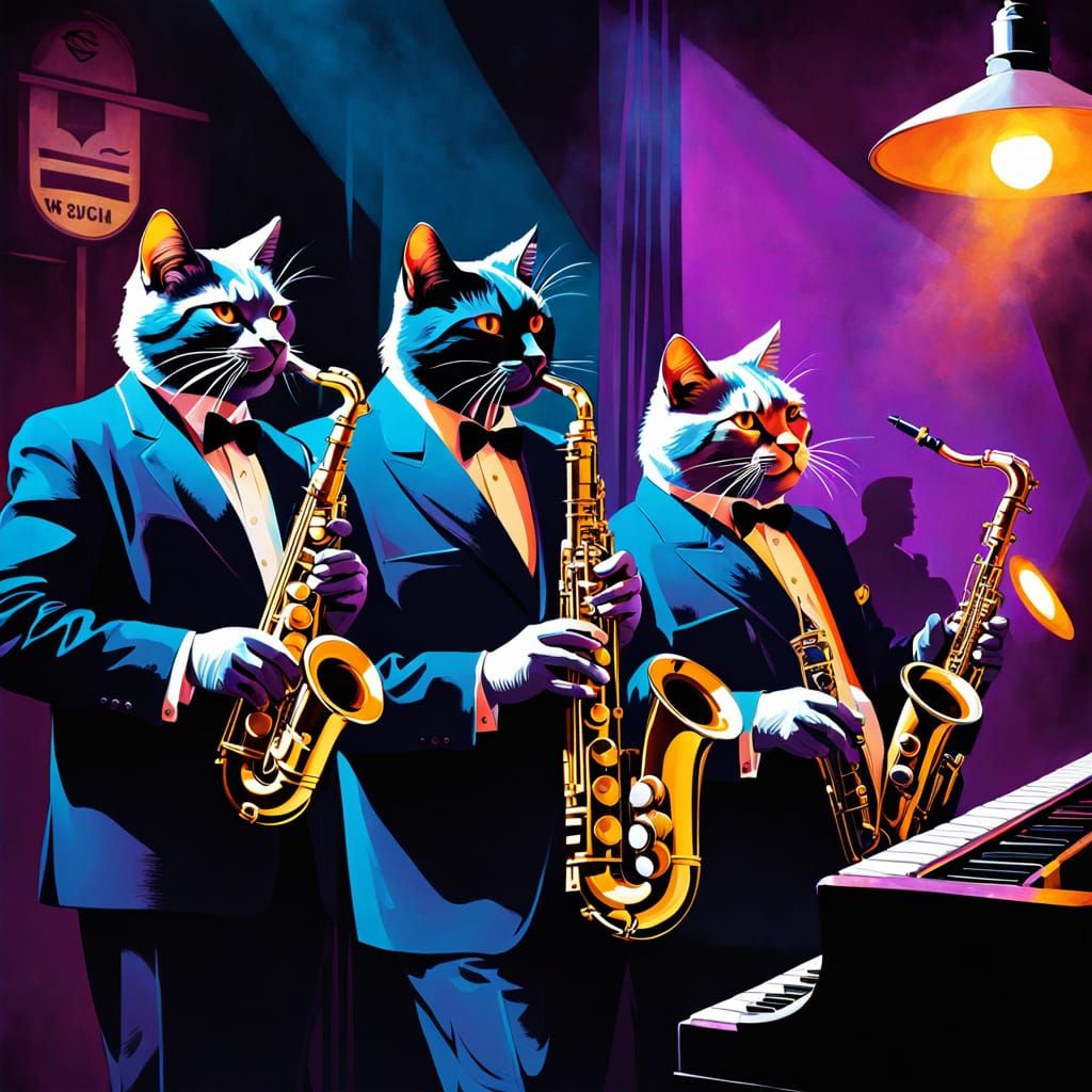 Sleek Cats Jam in a Smoky Jazz Club
