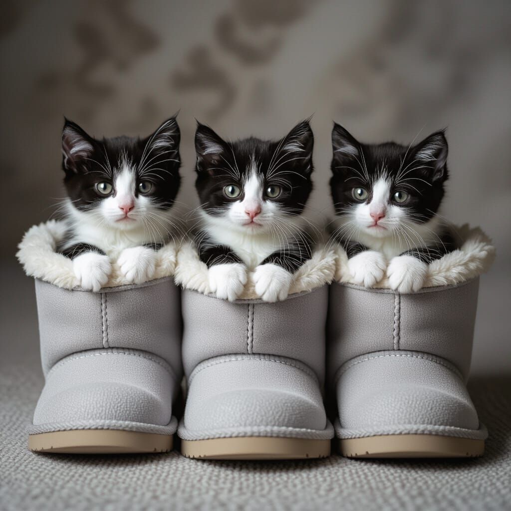Tuxedo Kittens Snuggle in Ugg Boots: A Cinematic Still