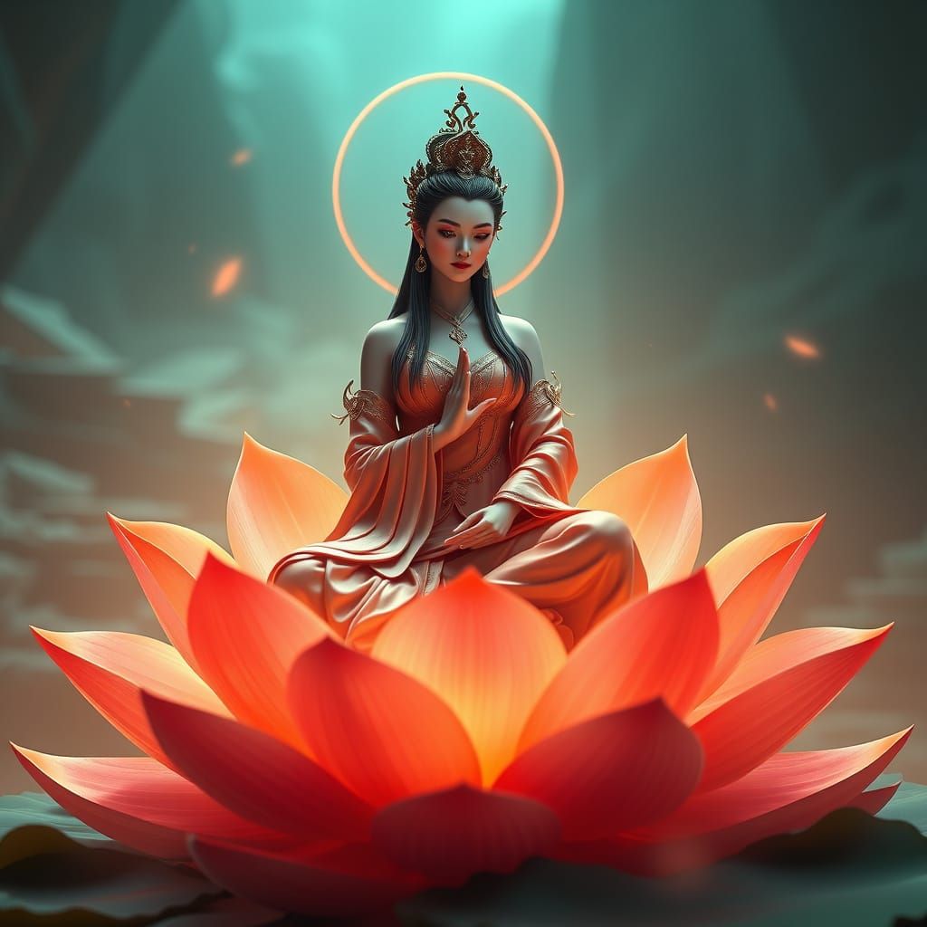 Ethereal Goddess Enthroned on a Vibrant Lotus in a Dreamlike...