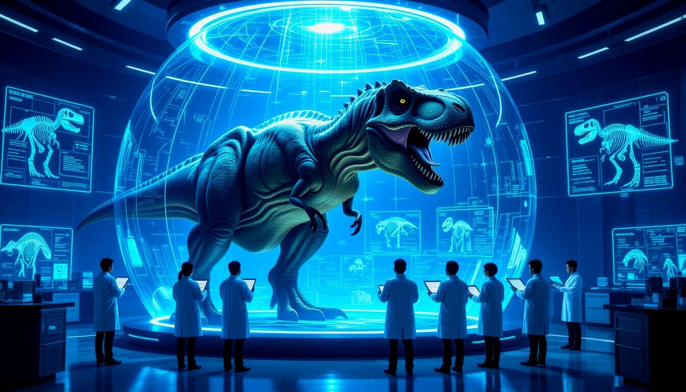 Scientists Study T-Rex Under Futuristic Dome, Neon Light