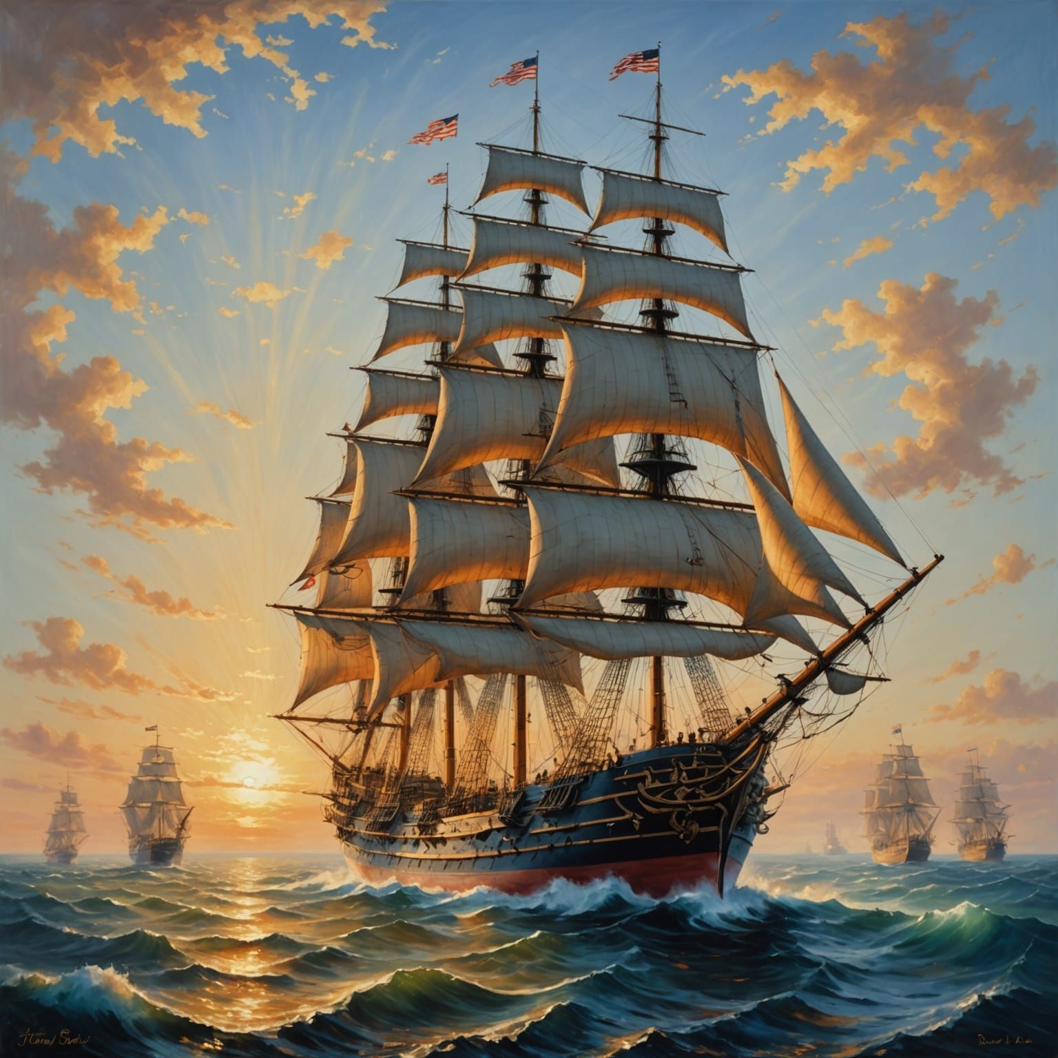 Grand Naval Warship in Vibrant Sunset Hues