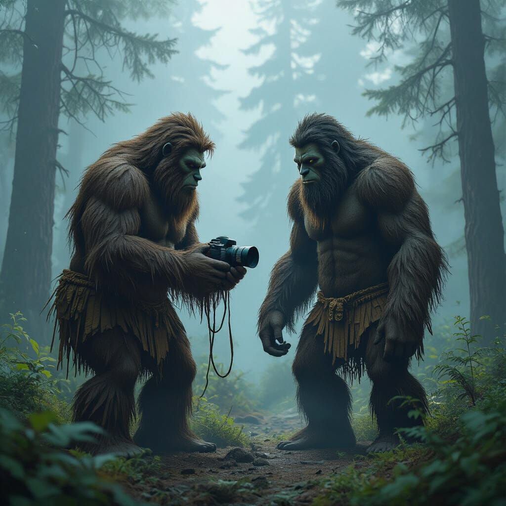 Bigfoots Discover Camera in Misty Forest, Science Fiction Ar...