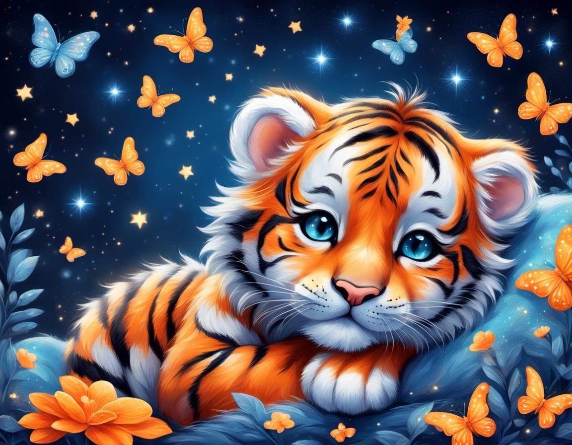 Sleeping Baby Tiger Dream in Fairytale Style