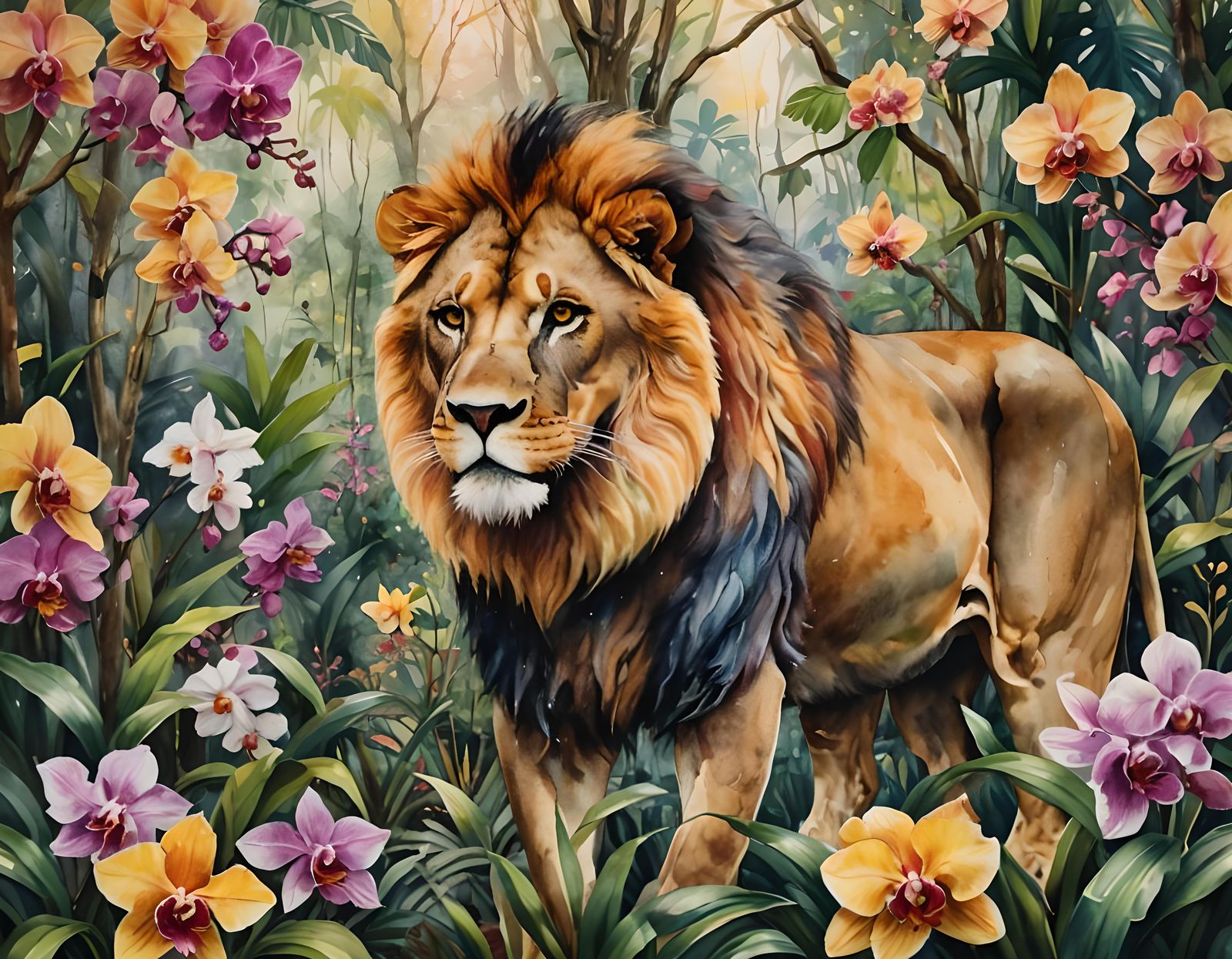 Lion in Rainforest: Vintage Watercolor Painting