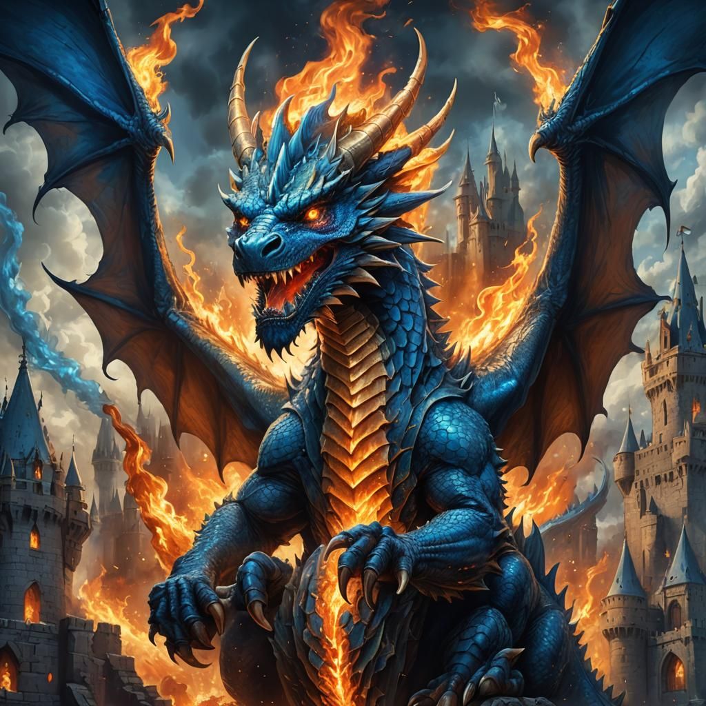 Dragon on Flaming Castle: Epic Fantasy Art