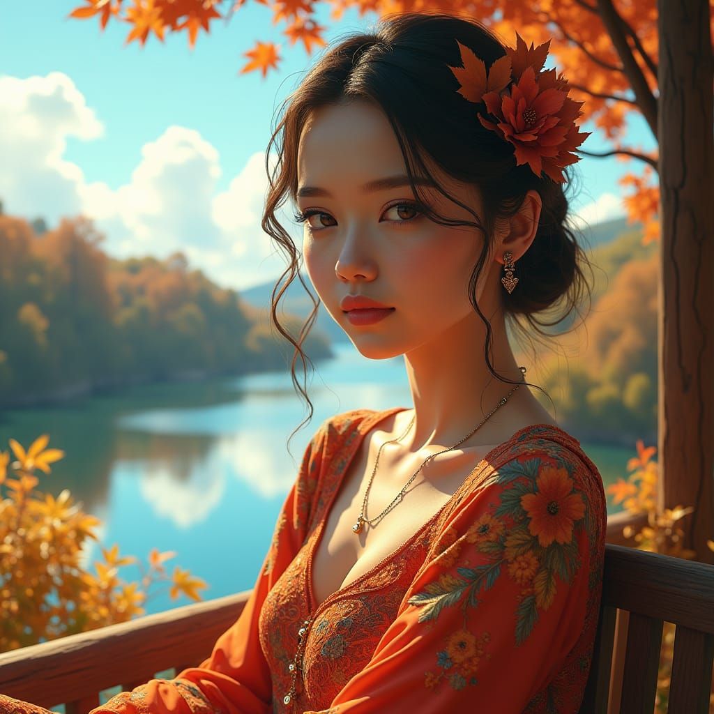 Autumnal Woman Portrait in Art Nouveau Style