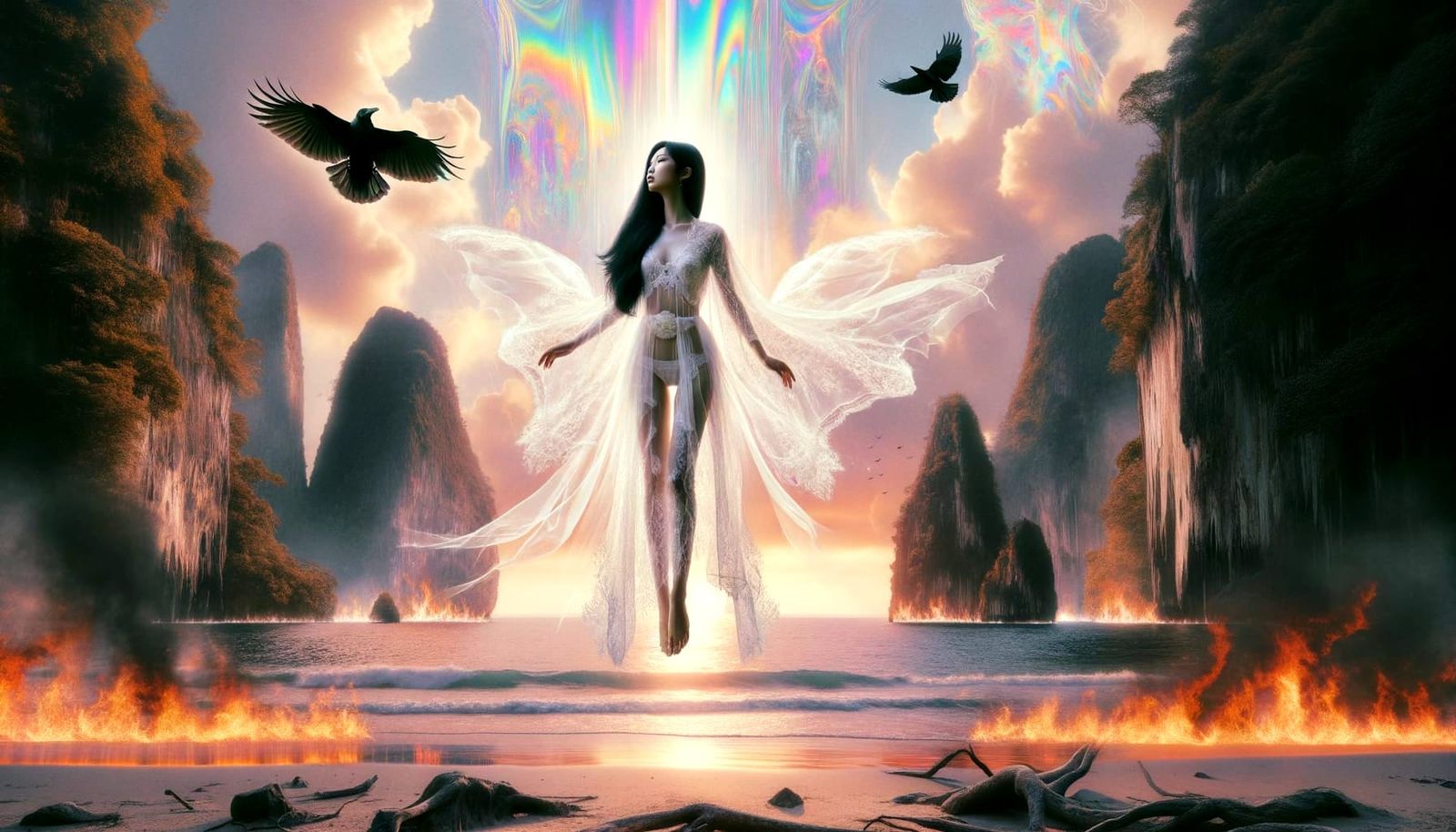 Thai Woman's Angelic Ascent in Surreal Vaporwave Dawn