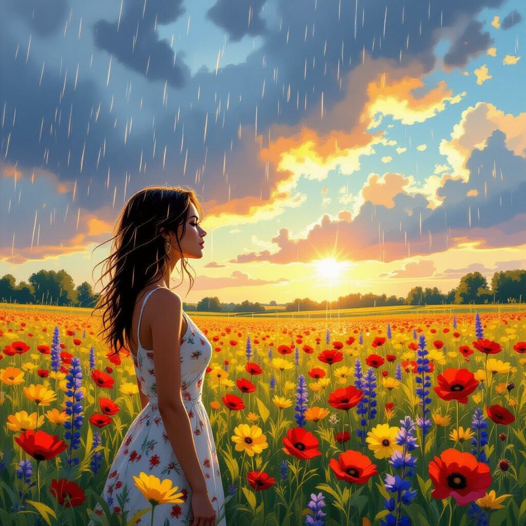 Summer rain scene in the late afternoon with a field of wildflowers and a dynamic sky. Hyperrealistic, splash art, conce...