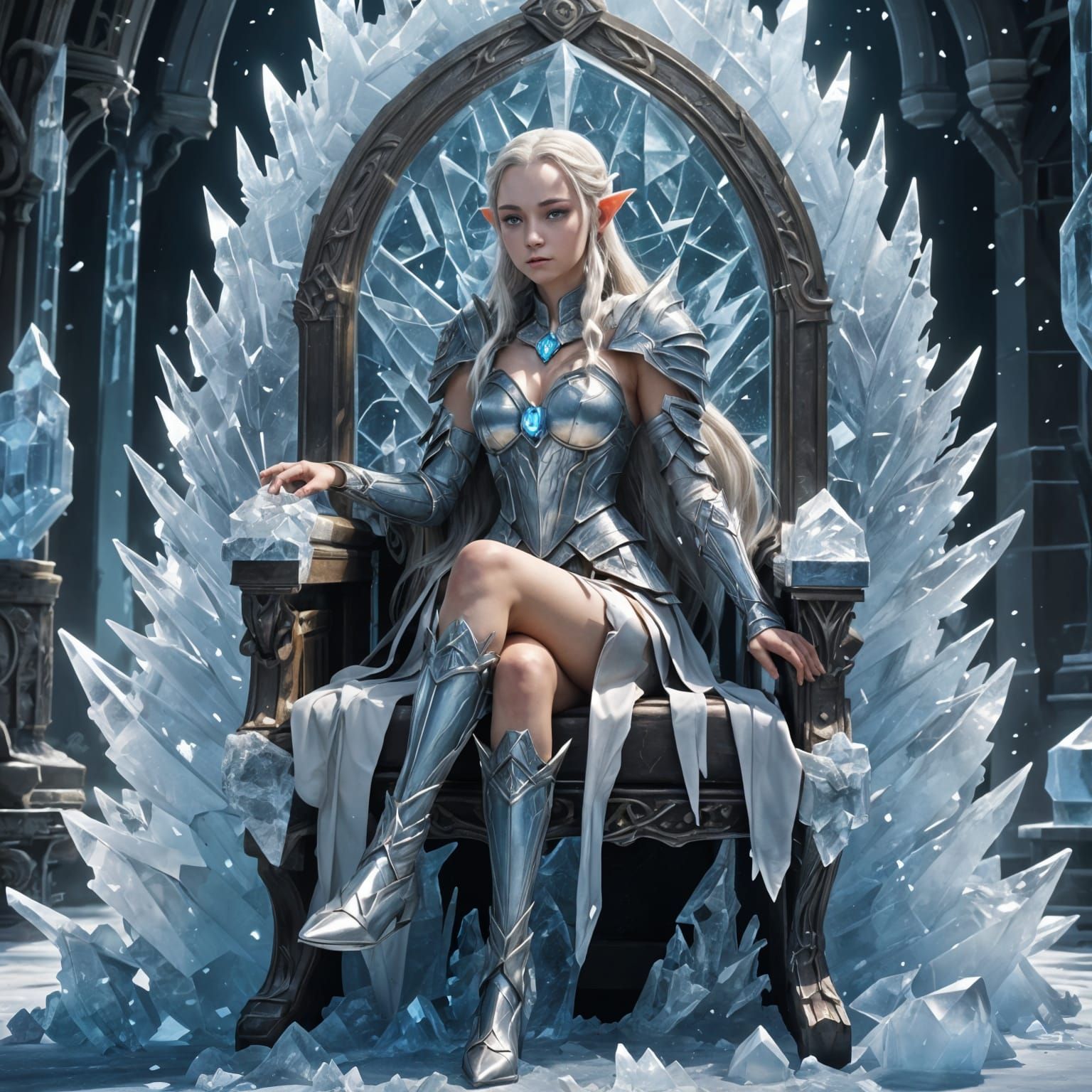 Ice Queen Elf on Throne with Ice Dragon