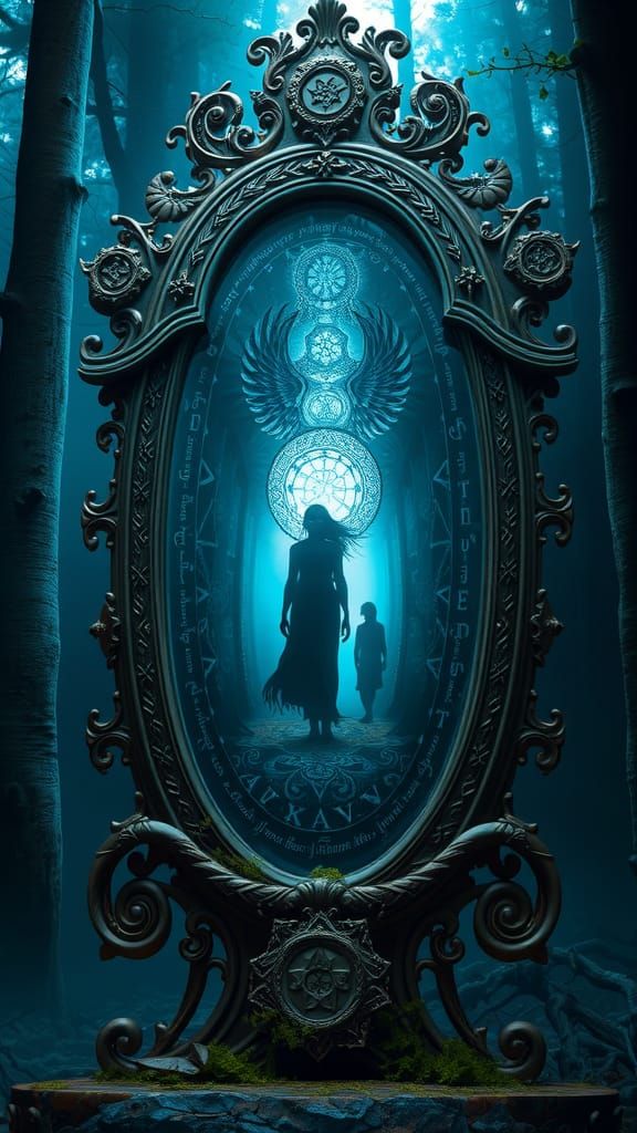 Mystical Mirror Trapping Souls in Ethereal Forest