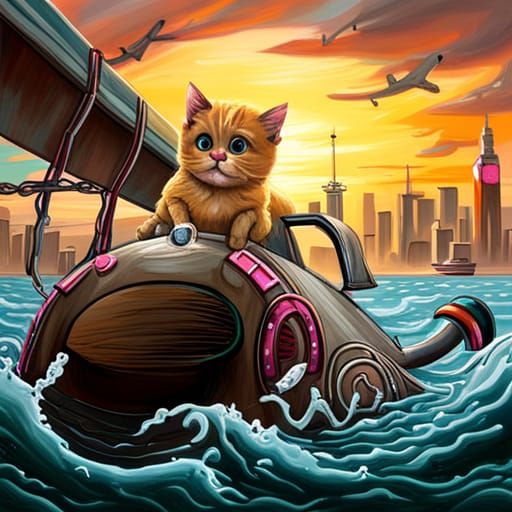 Cute Cat Driving Submarine in Graffiti Art Style