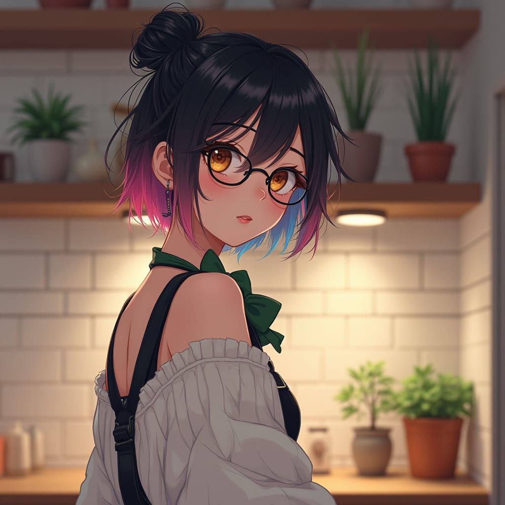 Anime-Inspired Portrait of Young Woman in Cozy Kitchen