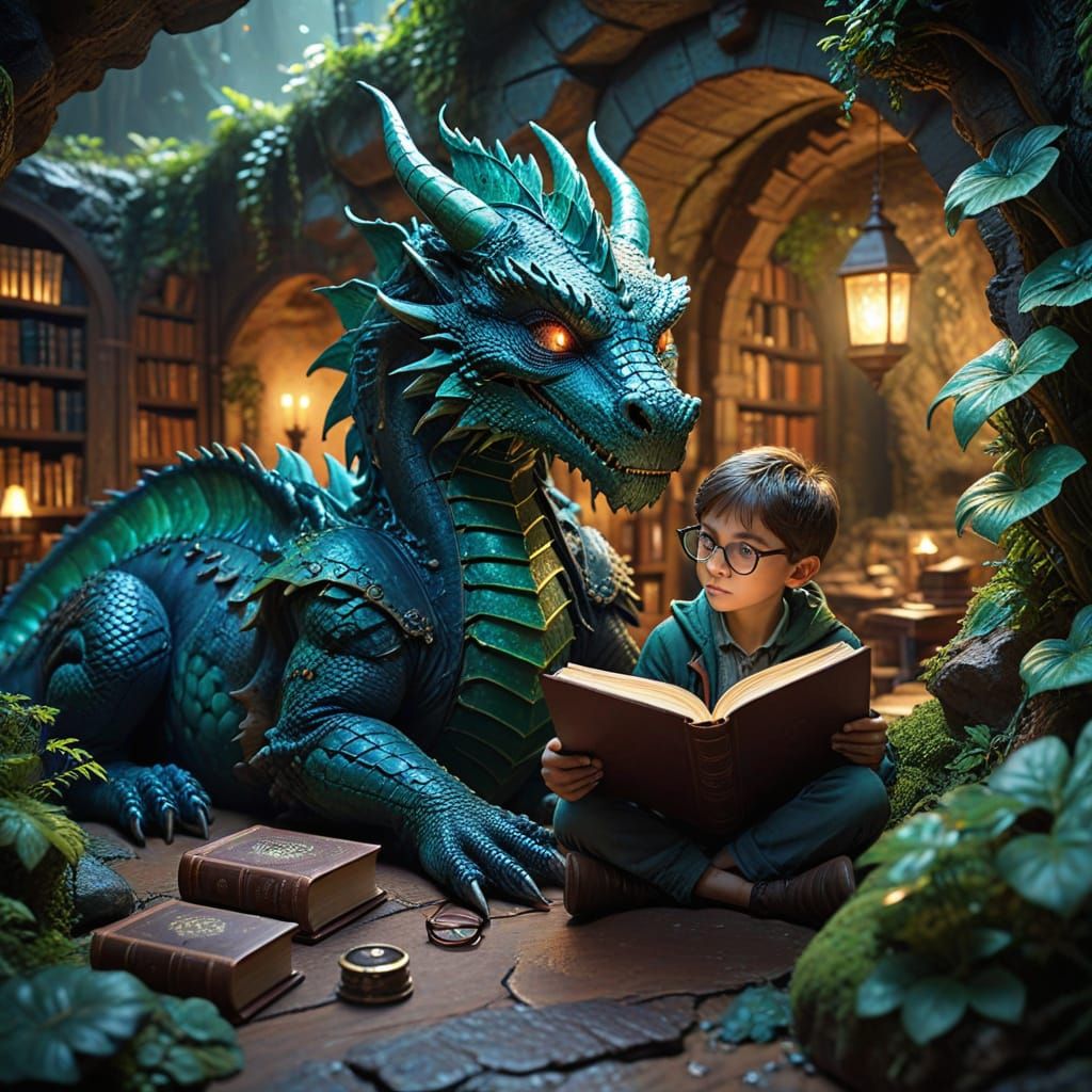 Boy and Dragon in Cave Library Concept Art