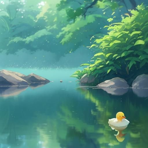 Rubber Duck Floating on Lake in Watercolor Anime Style