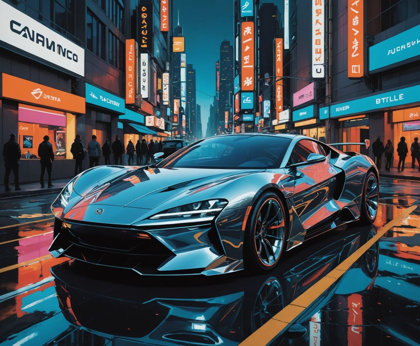 Chrome Sports Car in Neon Cityscape: Fantasy Realism