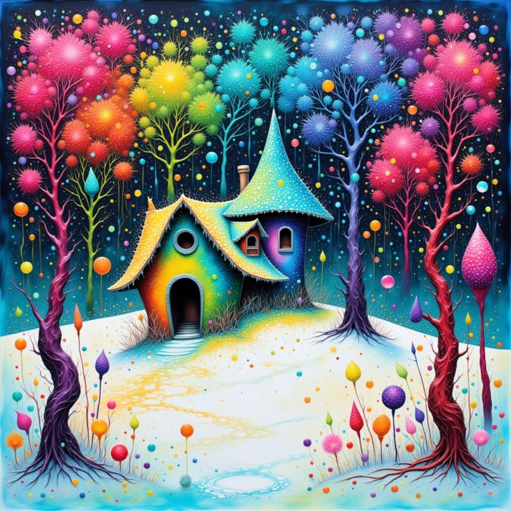 Fairy Cottage in Snowy Abstract Landscape